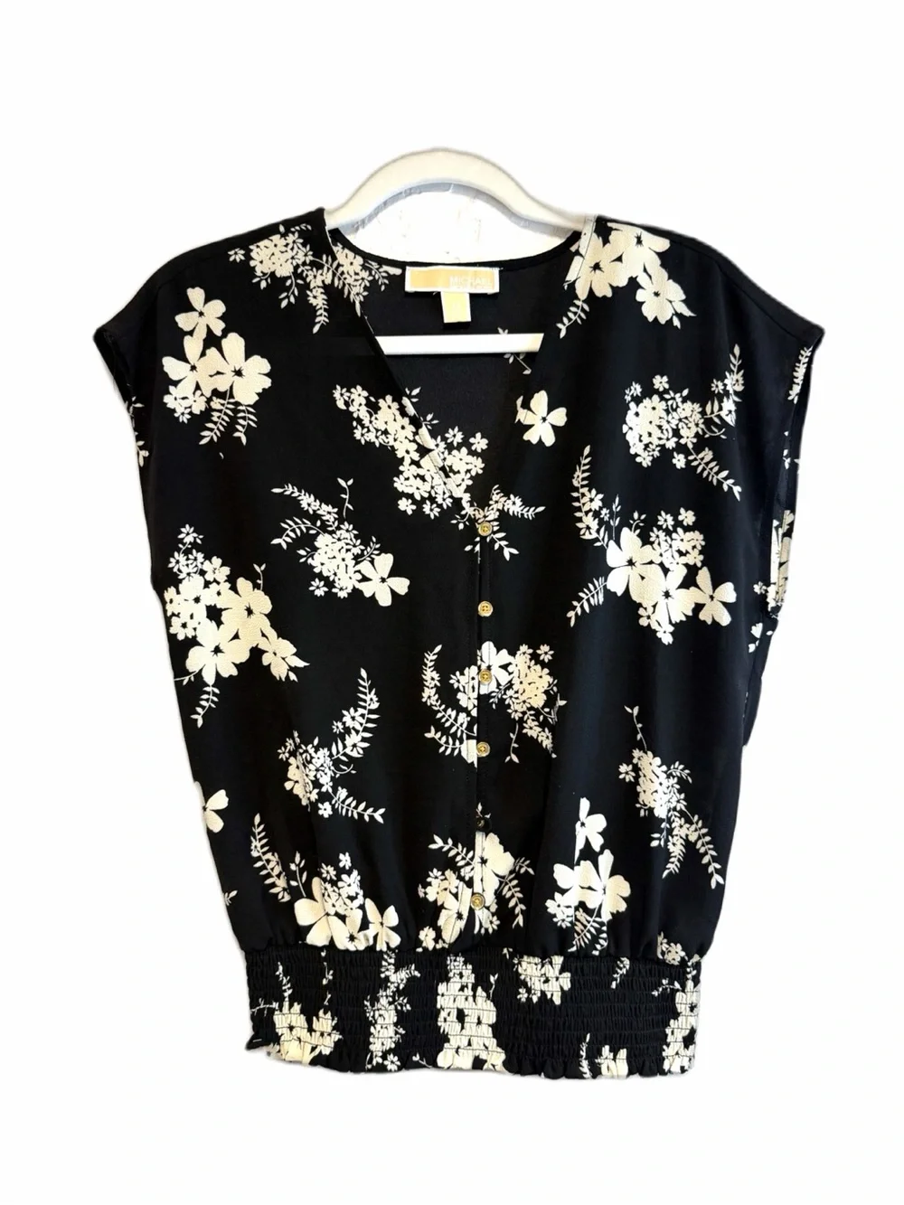 Michael Kors Black Floral Button-Front Smocked Hem V-Neck Sleeveless Blouse